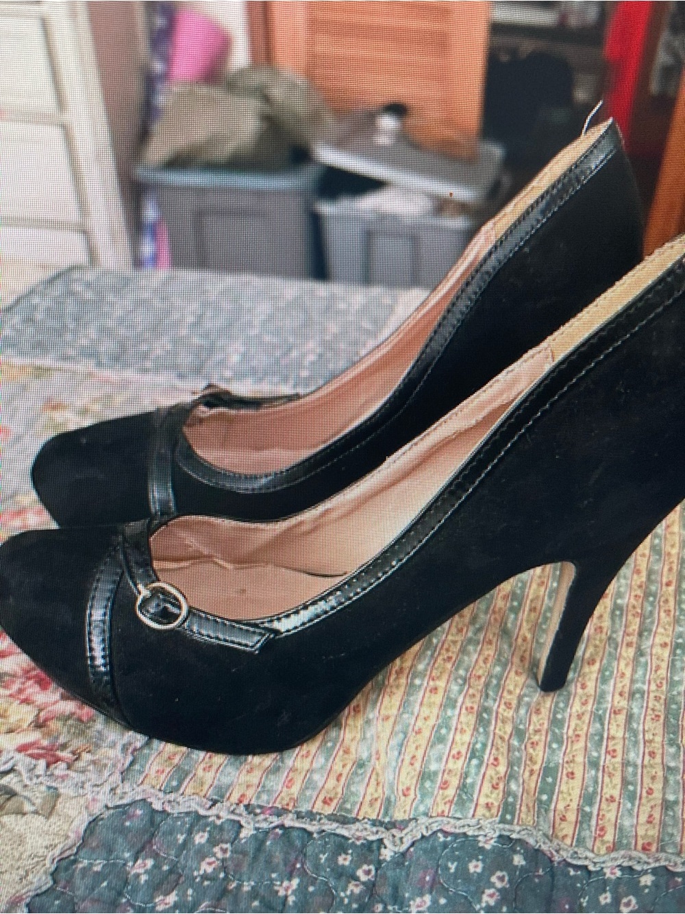 Black Suede High Heel Pumps with Decorative Buckle